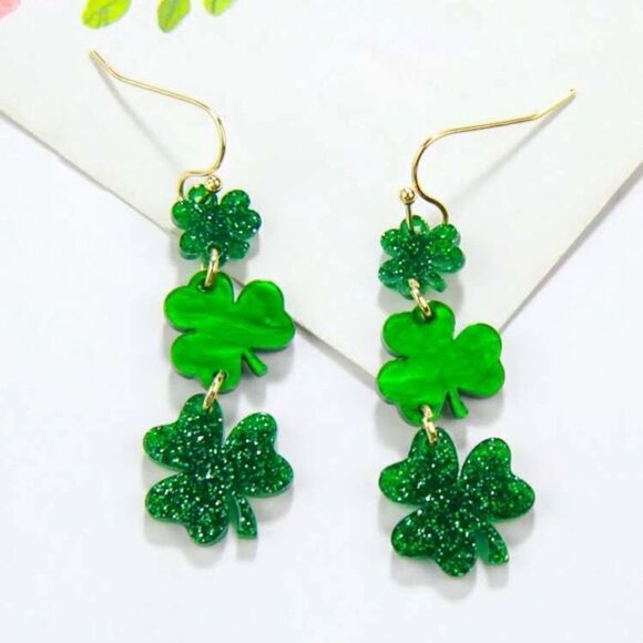 St. Patrick's Day Triple Shamrock 2" Drop Earrings - Picture 1 of 7